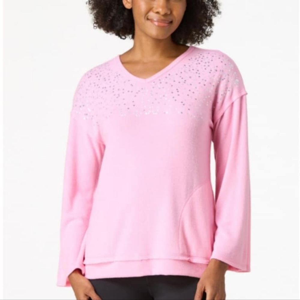 Pink V-Neck Sweatshirt with Silver Accents